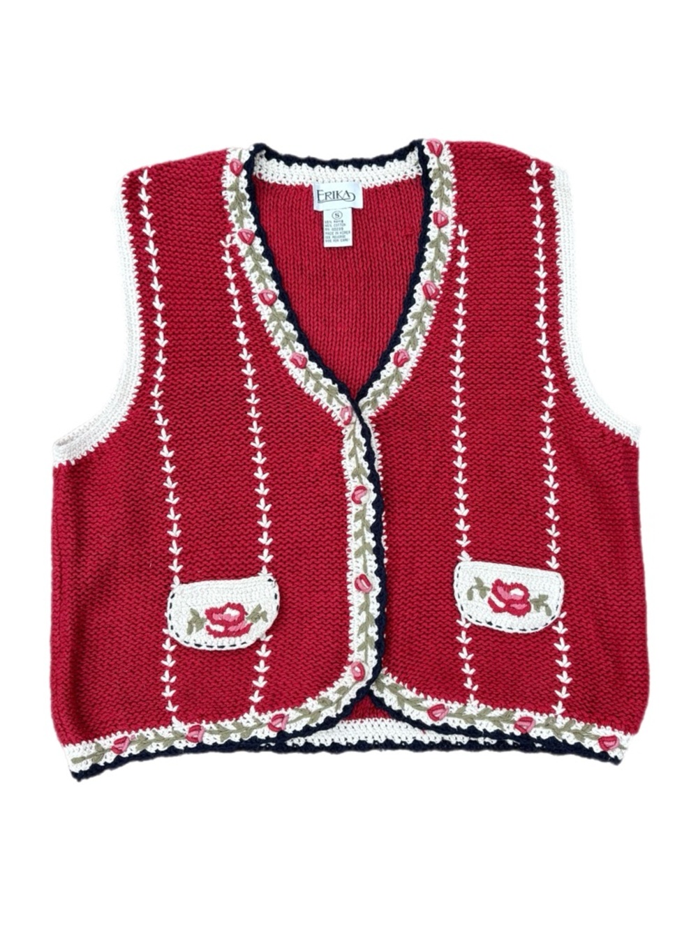 Erika | Embroidered Floral Button Down Red Sweater Vest